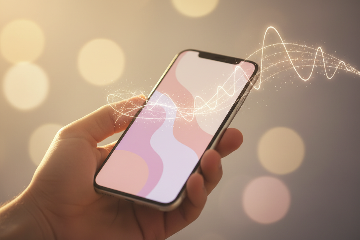 Bright, emotional hero background image for a music website.
A close-up of a human hand holding a smartphone, listening to a song.
The phone screen shows a music player interface (no readable text).
Soft pastel colors, warm golden light, dreamy atmosphere.
Subtle musical elements like sound waves or light particles flowing from the phone.
Modern, clean, premium look.
Hopeful, emotional, inspiring mood.
No logos, no readable text.
High resolution, cinematic lighting, perfect for a website hero section.
